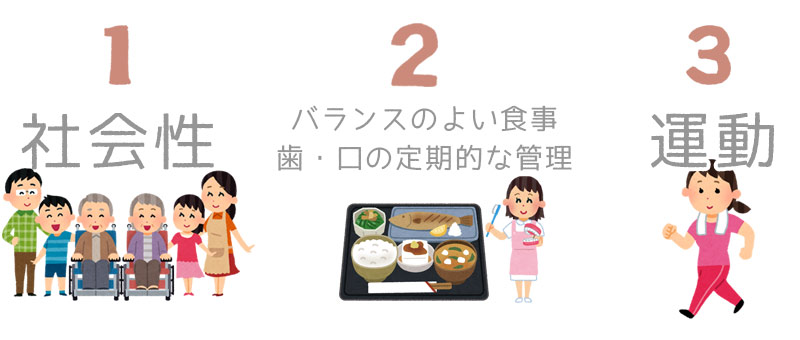 社会性・バランスのよい食事と歯・口の定期的な管理・運動